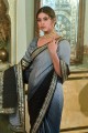 sari noir en mousseline de soie chinon en miroir,brodé