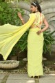 sari de fête en georgette jaune avec fil brodé