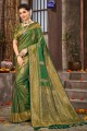 Sari du sud de l'Inde en brocart vert avec satin, tissage