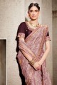 sari rose en soie en resham, zari, brodé, imprimé
