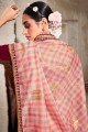 sari en soie pêche avec resham, zari, imprimé