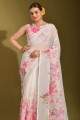 sari blanc avec lin imprimé