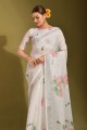 white printed sari in linen
