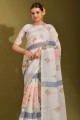 sari blanc imprimé en lin avec chemisier