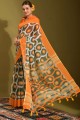 sari gris en lin imprimé avec chemisier