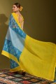 sari bleu imprimé en lin avec chemisier