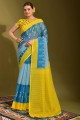 sari bleu imprimé en lin avec chemisier