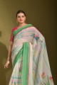 sari blanc imprimé en lin