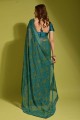 sari bleu en mousseline de soie avec imprimé