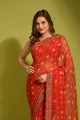 Georgette brodée, sari rouge imprimé avec chemisier