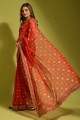 Georgette brodée, sari rouge imprimé avec chemisier