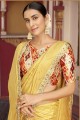 sari en soie Jaune imprimé à bordure en dentelle avec chemisier