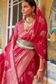 sari de soie rose imprimé tissé avec chemisier