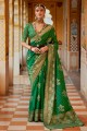sari en soie verte avec imprimé, tissage