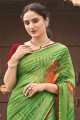 sari vert avec mousseline de chinon brodée, imprimée et en dentelle