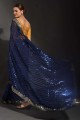 sari bleu en georgette brodée