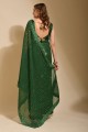 Saris de soirée vert en georgette brodée, bordure en dentelle