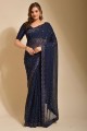 Georgette Party Wear Saris avec broderie, bordure en dentelle en bleu