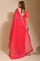 sari de soirée rose en georgette avec bordure en dentelle brodée