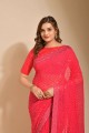 sari de soirée rose en georgette avec bordure en dentelle brodée