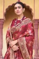 Saris de soie en rouille avec Resham,Brodé,Impression numérique