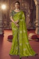Resham, zari, viscose brodée perroquet vert sari avec chemisier