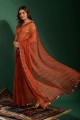 sari marron en mousseline de soie en miroir, brodé, imprimé