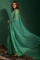sari en mousseline de soie vert d'eau avec miroir, brodé, imprimé
