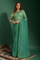 sari en mousseline de soie vert d'eau avec miroir, brodé, imprimé