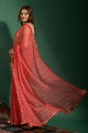 sari en mousseline de soie rouge avec miroir, brodé, imprimé