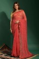 sari en mousseline de soie rouge avec miroir, brodé, imprimé