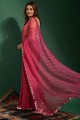 sari en mousseline rose avec miroir, brodé, imprimé
