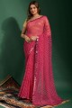 sari en mousseline rose avec miroir, brodé, imprimé