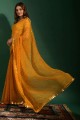 sari en mousseline de soie imprimé brodé miroir en jaune avec chemisier