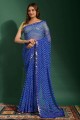 miroir, brodé, sari bleu en mousseline imprimée avec chemisier