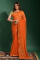 chiffon orange sari in mirror,embroidered,printed