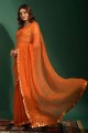 chiffon orange sari in mirror,embroidered,printed