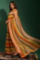 sari orange avec miroir, brodé, mousseline imprimée