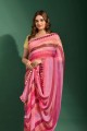 sari en mousseline avec miroir, brodé, imprimé en rose