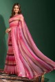 sari en mousseline avec miroir, brodé, imprimé en rose