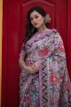 sari en lin bordeaux avec zari, imprimé