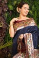 zari bleu marine,tissage sari en soie banarasi