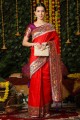 sari de soie banarasi rouge avec zari, tissage
