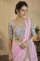 sari en organza rose bébé avec zari brodé