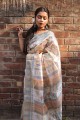 sari en soie imprimé gris avec chemisier