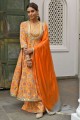 Costume en coton Anarkali en moutarde avec imprimé
