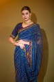 sari bleu en georgette avec imprimé, dentelle