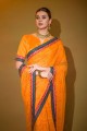 sari en georgette avec dentelle imprimée en jaune