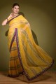 pierre jaune, imprimé, dentelle georgette sari