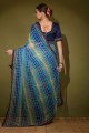 sari bleu en pierre, imprimé, georgette en dentelle